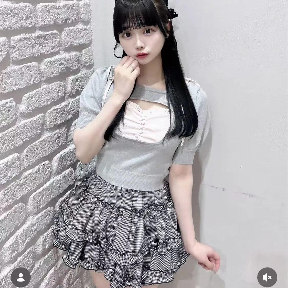 Knit Crop Top Women Square Cutout Puff Short Sleeve Slit Peach Heart Fungus Edge Splicing Knitted T-shirt