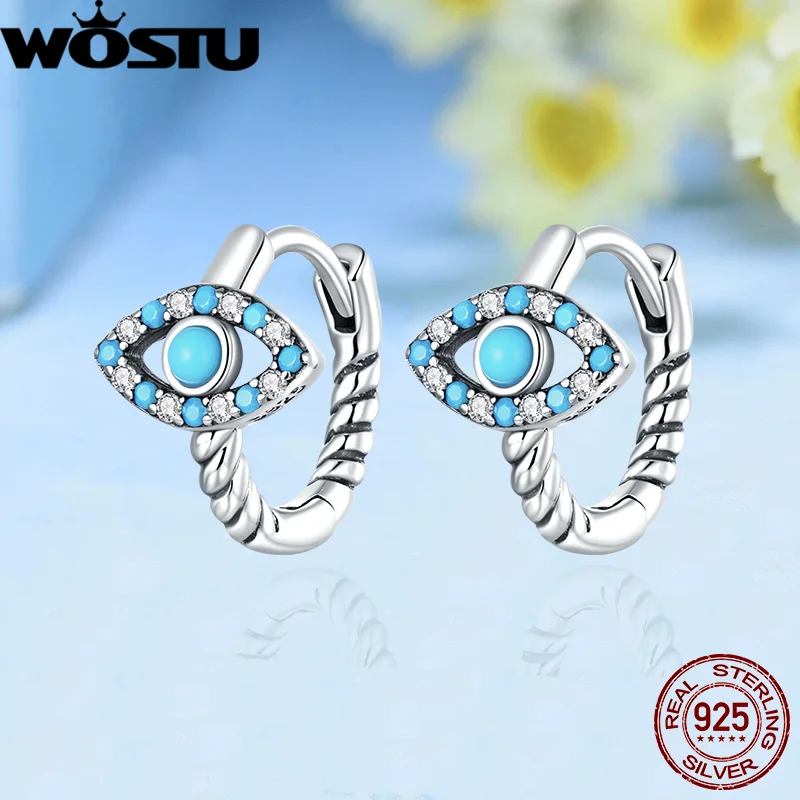 WOSTU 925 Sterling Silver Pave Blue Turquoise Demon Eyes Stud Earrings for Women Vintage twist Ear Buckles Evil Eye Jewelry Gift