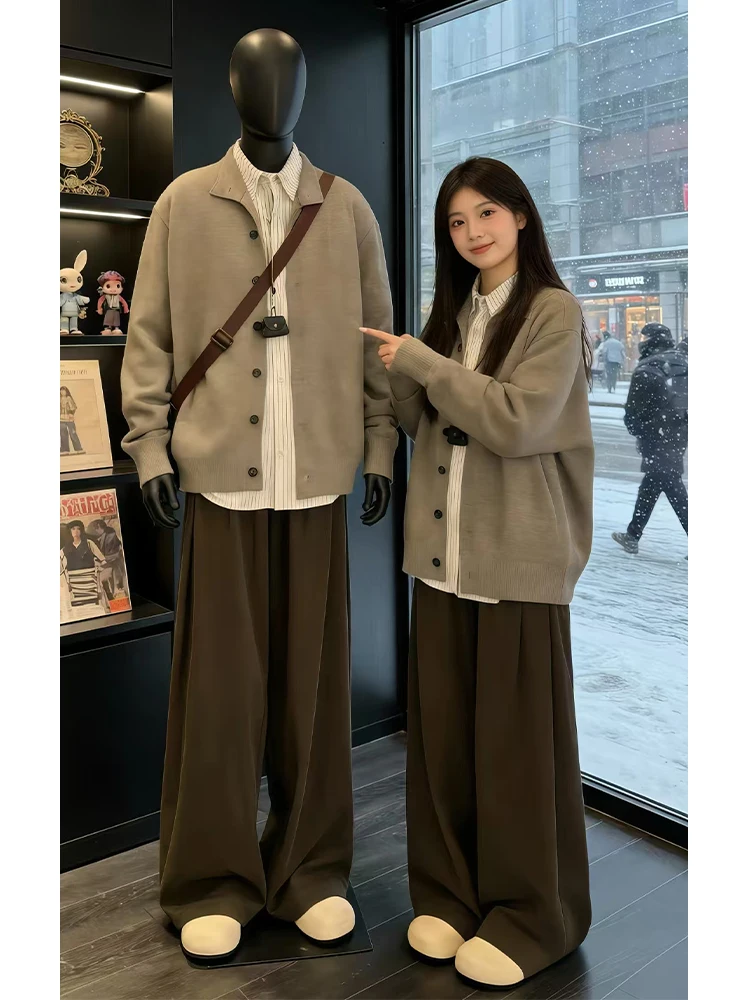 

Мужской утепленный вязаный кардиган в американском ретро-стиле с высоким воротником, свободного кроя, для повседневной носки, зимняя верхняя одежда