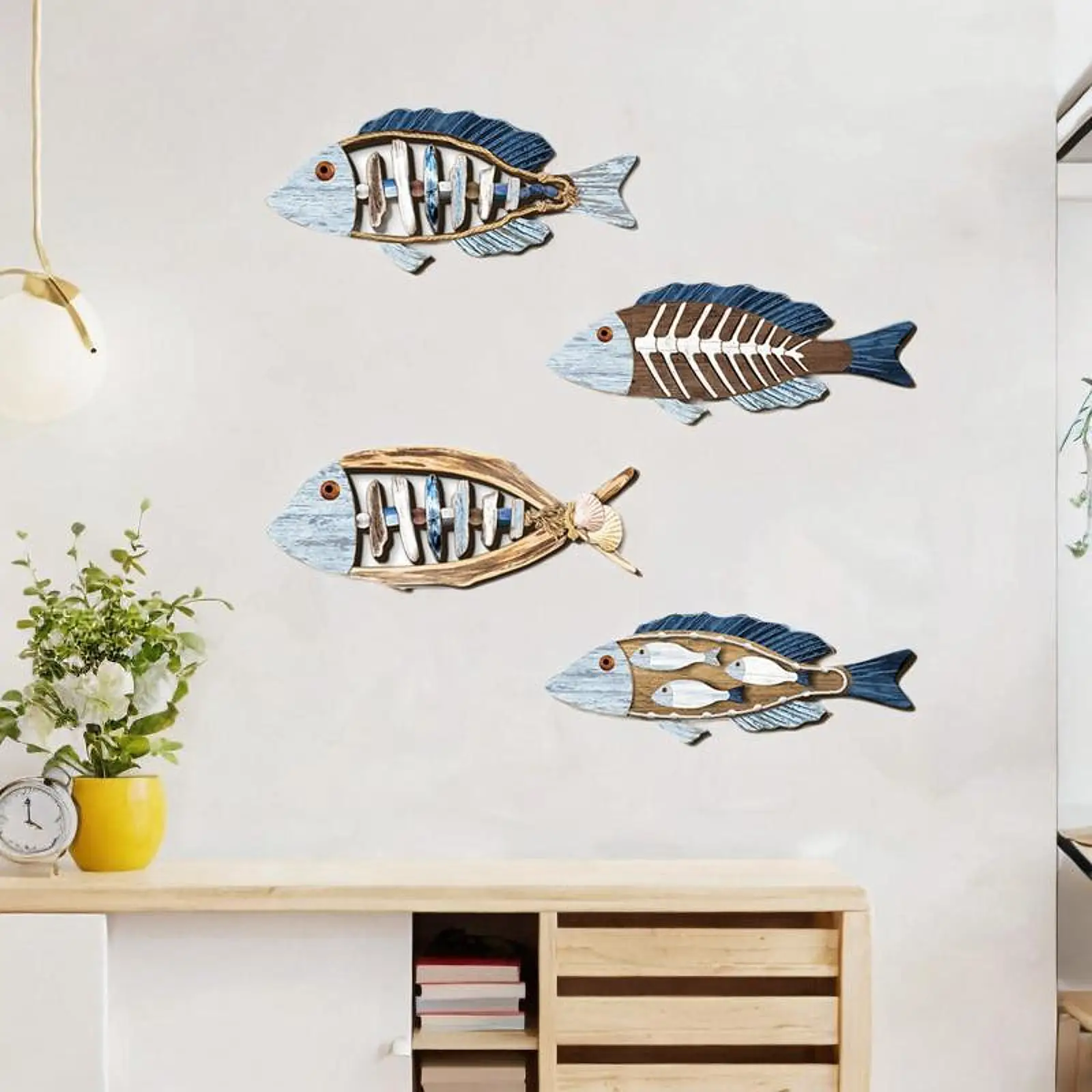 

4Pcs Fish Wall Decor Ornaments Rustic Handcrafts Creative Mediterranean Wall Sculpture for Lake House Dining Room Home Bedroom