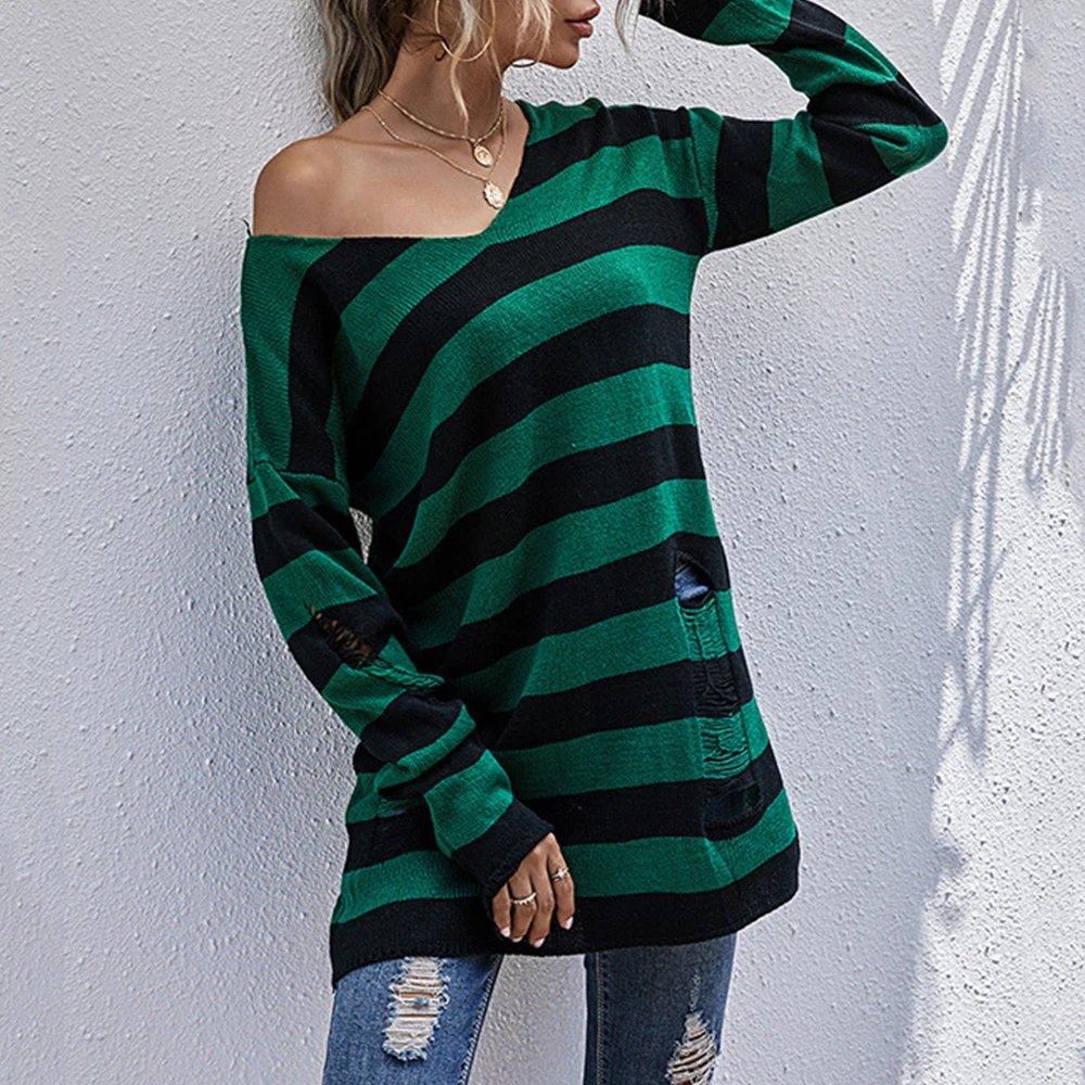 Mia Muse Women's Sweater Korean Fashion Stripe Old Design Long Sleeve V-Neck Long Streetwear Sweater