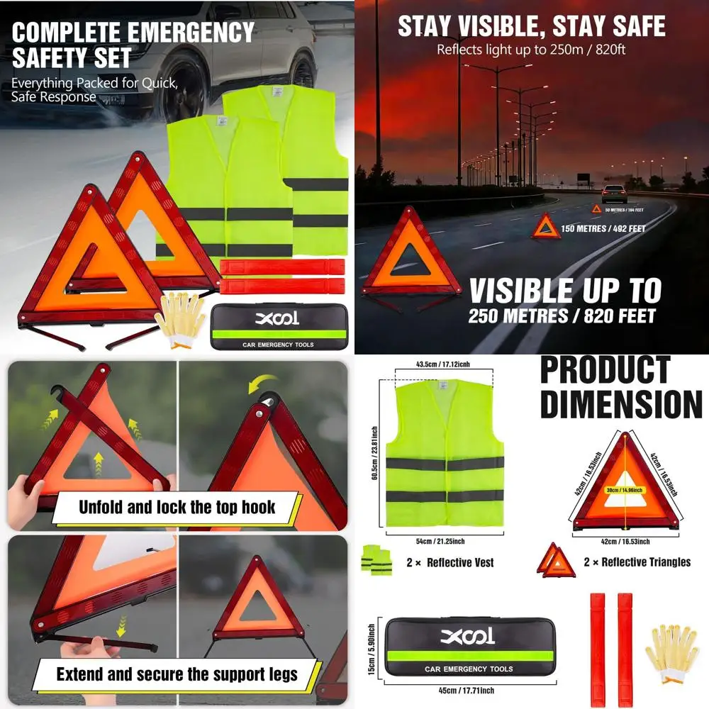 

XOOL Emergency Warning Triangle Kit – Roadside Safety Kit with Reflective Warning Triangles, High-Visibility Safety Vests, Stora