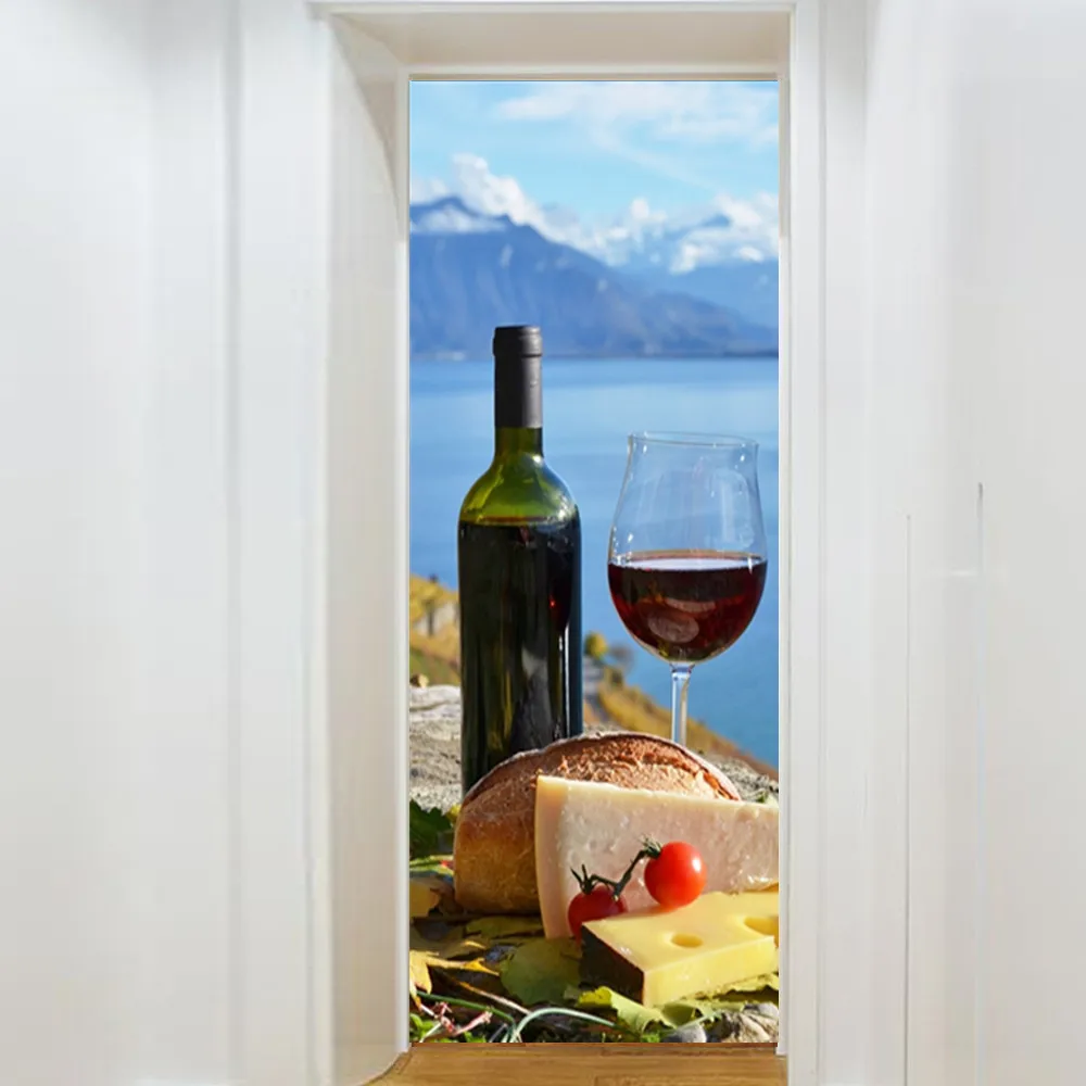 Customized Red Wine Glass Door Sticker Self Adhesive PVC Vintage Bookshelf Book Library Door Stickers Wallpaper Waterproof Decor - view 5