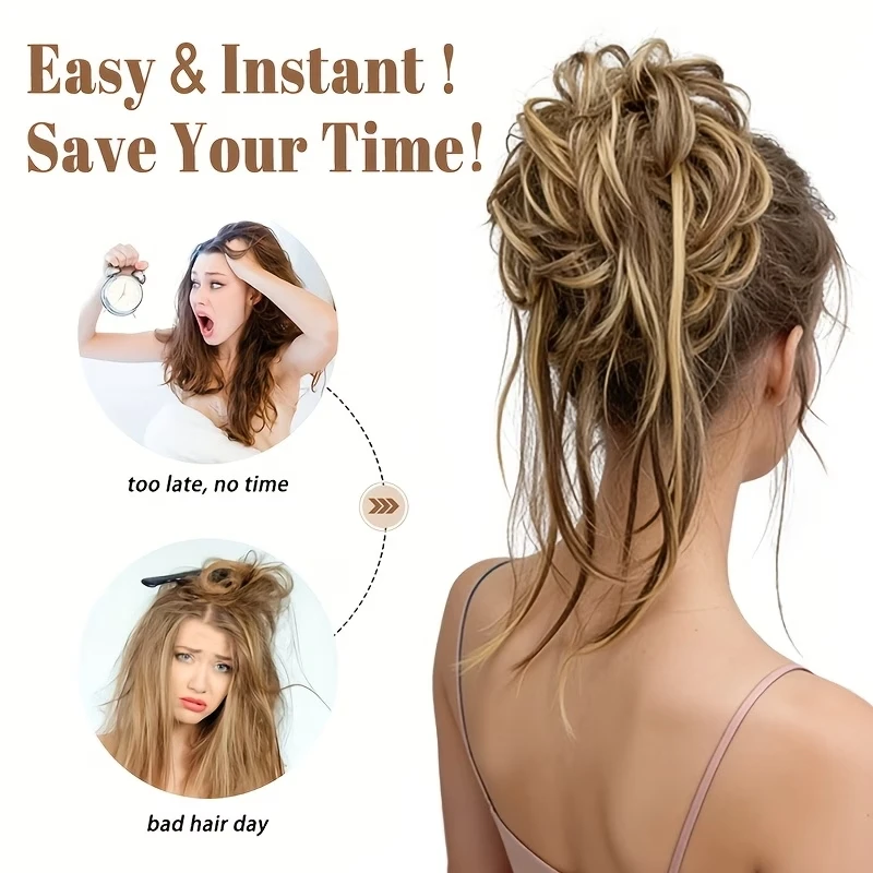 Cabello sintético perezoso, extensión de cabello largo y rizado, moño de cabello esponjoso para mujer, regalos de Navidad y Halloween 6