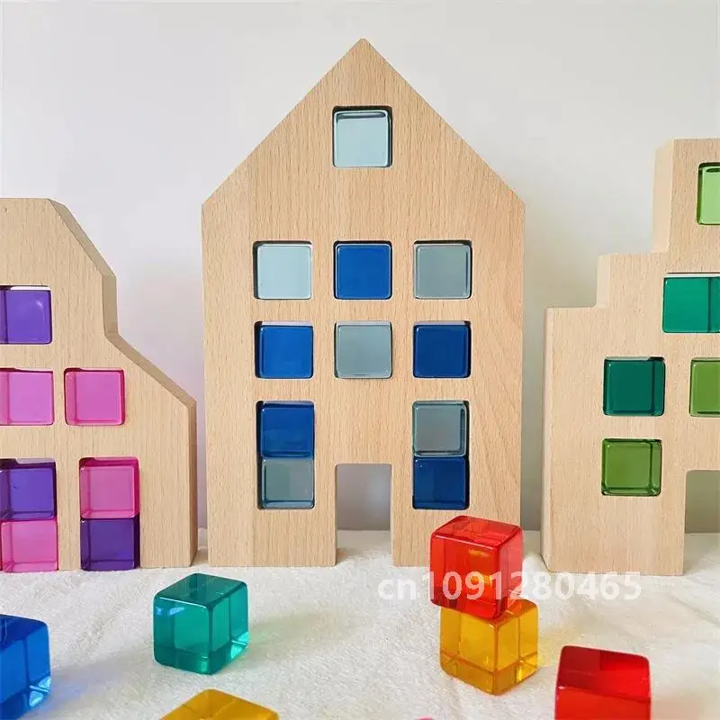 Nederlandse Houten Huizen Lucite Kubussen Blokken Regenboog Acryl Bouwstenen Kleur Straat Open Spelen Montessori Educatief Speelgoed