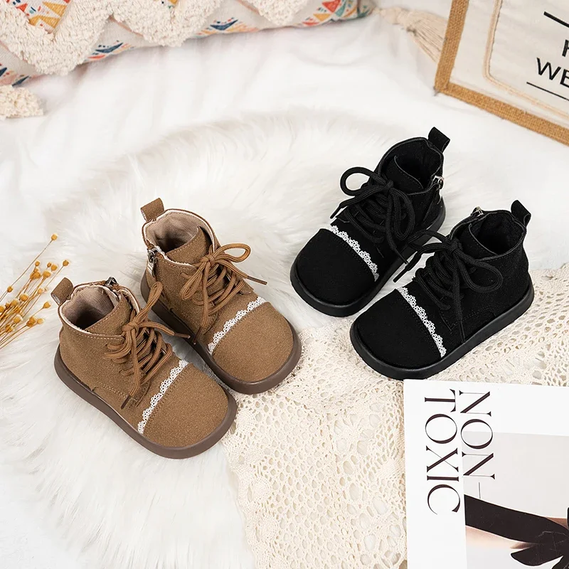 Girls Short Boots Sweet Lace Side Zip Kids Leather Boots Round Toes 2026 Autumn New Children Ankle Boots Soft Bottom Size 22-30