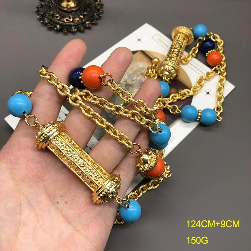

Color Hanging Beads Design Sense Temperament Versatile Long Necklace Earrings Set Retro Wind Plated Real Gold Sweater Chain Earr