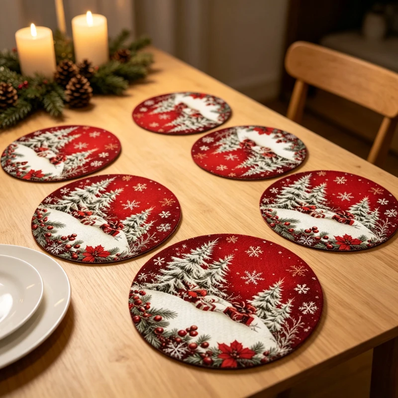 6pcs Christmas Round Placemats Red Snowy Pine Tree Poinsettia Table Mats Heat Resistant Non Slip Place Mats for Party Decoration