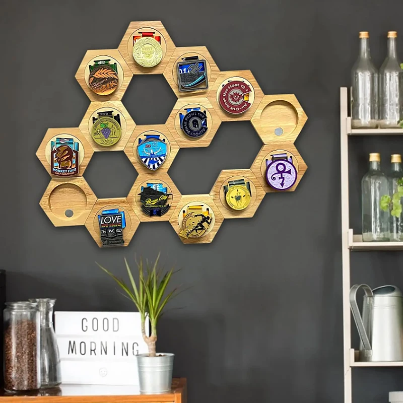 1Pc Wooden Medal Display Racks Hexagonal Honeycomb Combination Medal Holder Honor Commemorative Display Home Wall Decoration