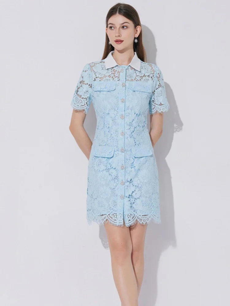 

SMTHMA New Fashion Sweet Design Lapel Lace Hollow Out Mini Dress Women's Luxury Design Short Sleeve Summer Dresses