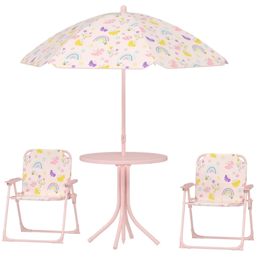 

Qaba Picnic Table and Chair Set Outdoor Activity Table with Foldable Chairs Removable Umbrella for Backyard Pink