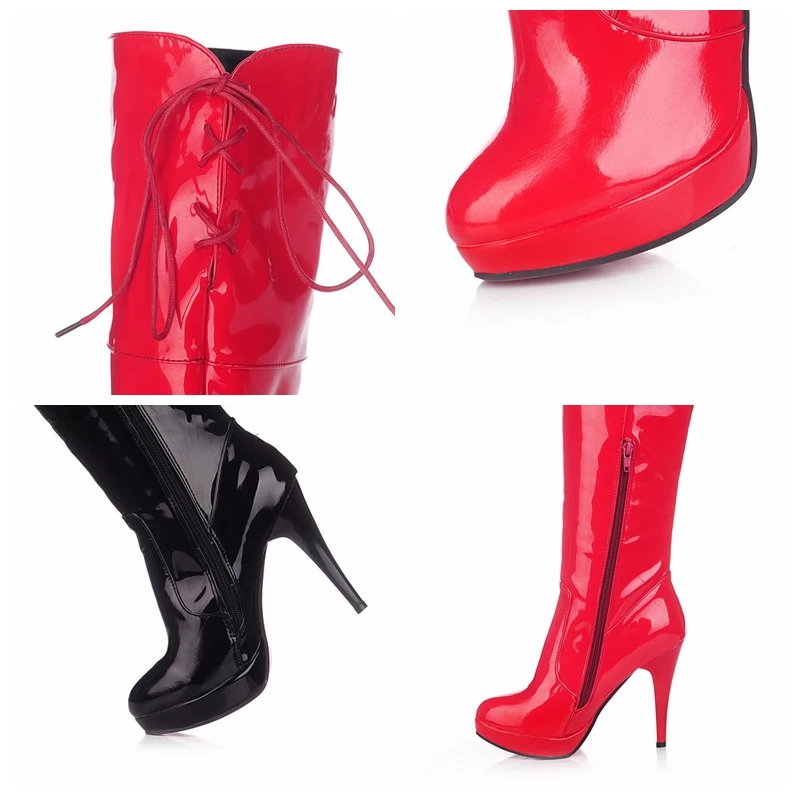 REAVE CAT 2021 Sexy Over The Knee Boots Patent Leather Velvet Round Toe Lace Up Platform 11cm Thin Heel US12 White Red A4348