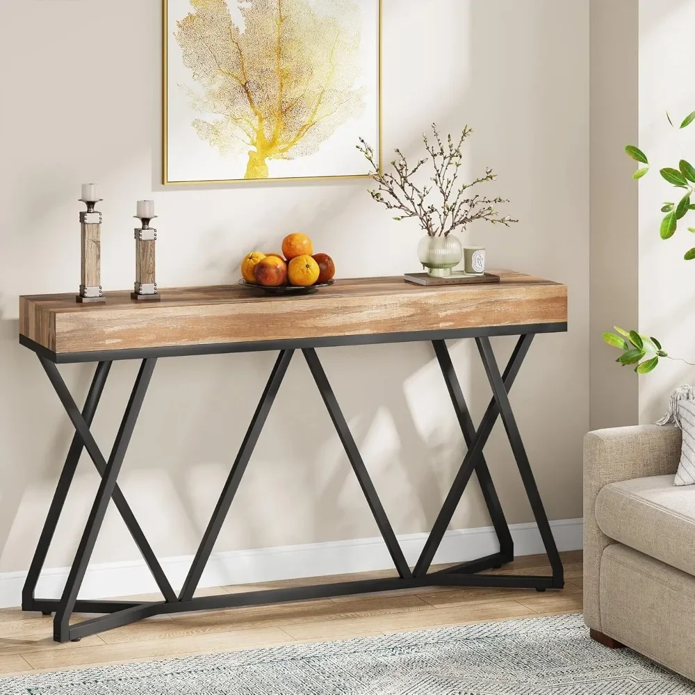 55 Inches Console Table, Farmhouse Sofa Table  with Unique Metal Base, Behind The Couch Table Foyer Table