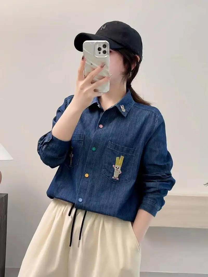 Chemise en Denim à manches longues pour femmes, col rabattu, broderie coupée, Mori Girl French Sweet INS, chemisier ample, nouvelle collection automne 2025 T5O824CC