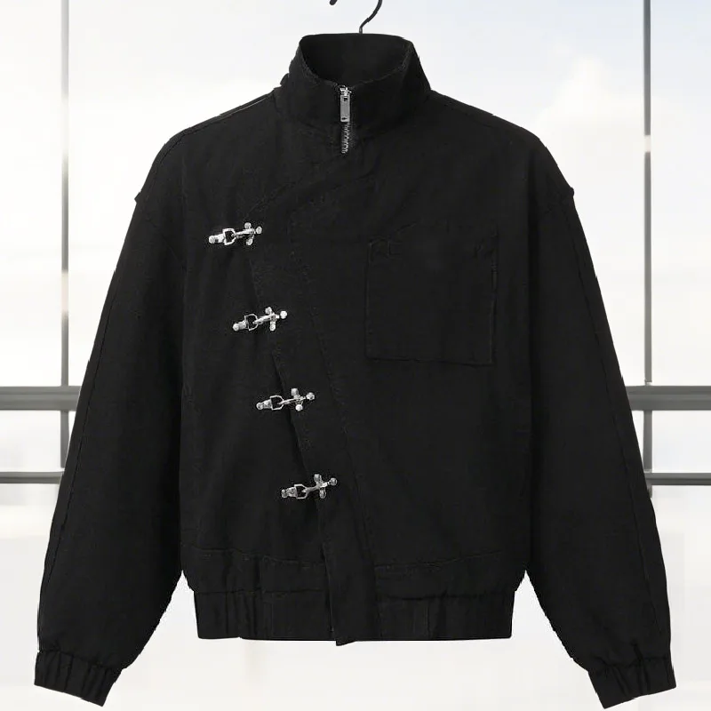 

Stylish Girl Stand Collar Street Jacket Personality Button Zipper Solid Jacket Date Commuter Clothing Female New Casual Clothes