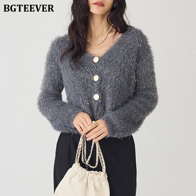 

BGTEEVER Chic Elegant Single-breasted V-neck Ladies Slim Knitted Cardigans Autumn Winter Stylish Long Sleeve Women Sweaters