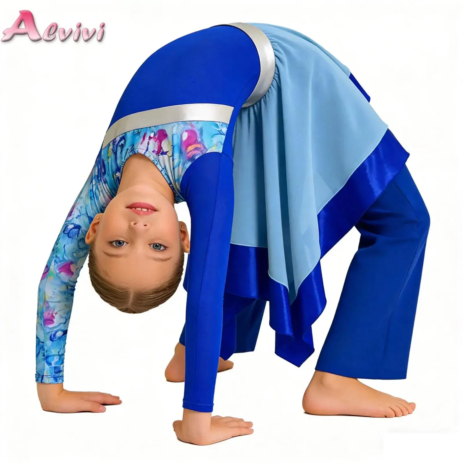 キッズガールズ賛美典礼用リリカルダンス衣装-バレエコンテンポラリーパフォーマンスチュニックドレス-教会キリスト教礼拝パンツ