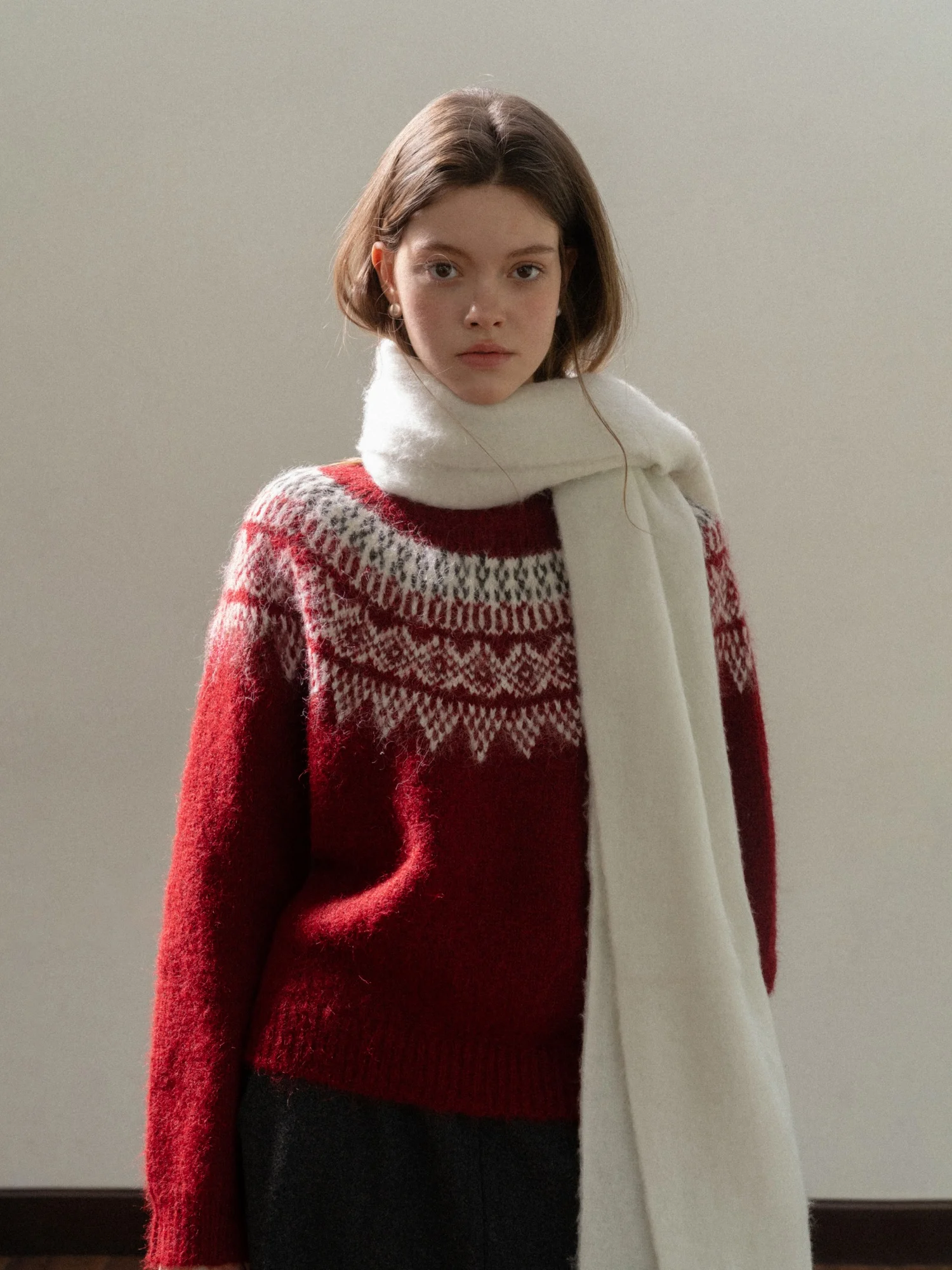 

Red Vintage round Ne Pullover Fair Isle Knit Sweater Women Winter Loose Lazy Top EGGKA New Year Polyester Long Sve