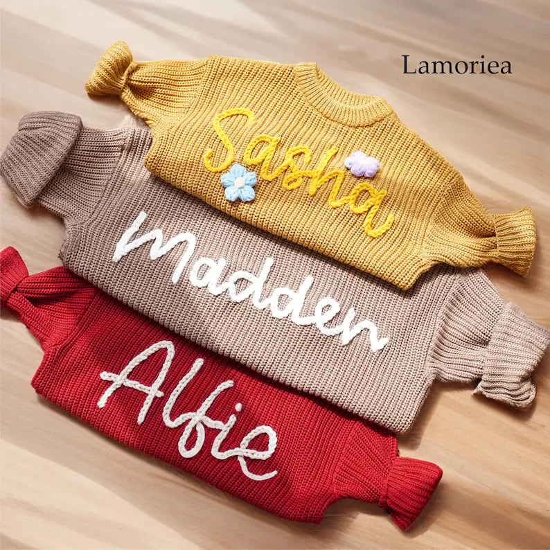 Hand-Embroidered Name Sweaters Personalized Baby Knit Jumper Monogram Custom Name Sweaters Christmas gift Birthday Gift For Kid