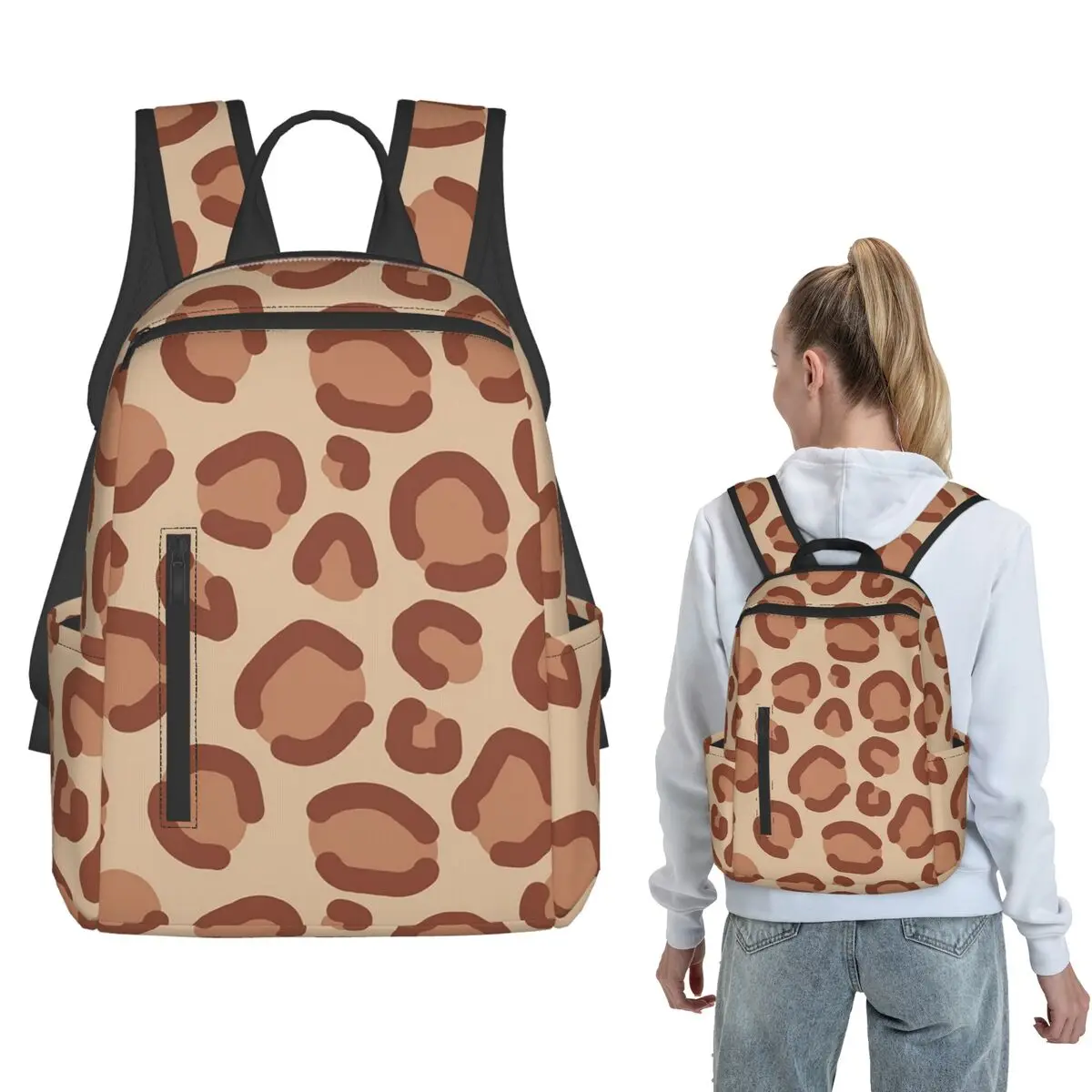 Light Brown Leopard Pattern Backpack Large Capacity Children BookBag School Bag Shoulder Bags for Men Women
