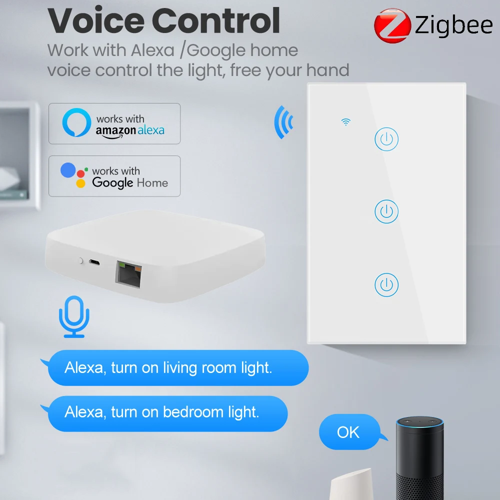 ZigbeeTuya Smart Light Switch Touch WiFi Wall Switch Work With Alexa Google Home Alice Smart Life 1/2/3/4 Gang Need Neutral Wire