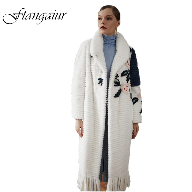 Ftangaiur Winter Import Purple Standard Velvet Mink Fur Coat Women Turn-Down Collar Tassel X-Long Natural Real Mink Fur Coats