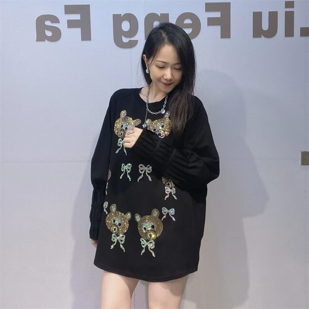 2026 New Spring Autumn Oversize Round Neck Pullover Top Cute Bear Hot Diamonds Mid-long Hoodie Patchwork Long Sleeve T-shirt
