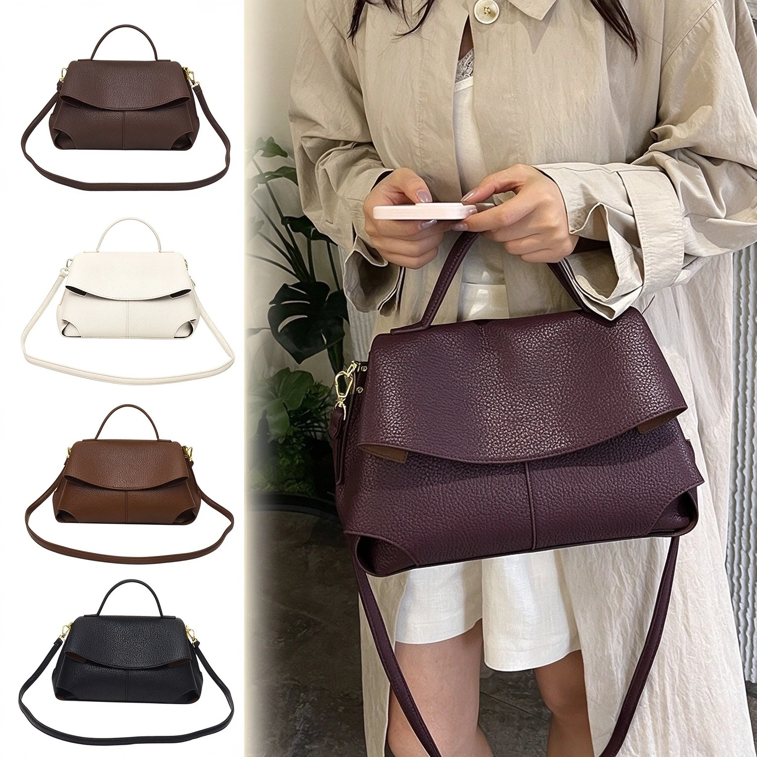 Elegant Pebbled Leather Flap Crossbody Bag, Women Luxury Top Handle Handbag, Detachable Strap Purse for Office & Daily Outings