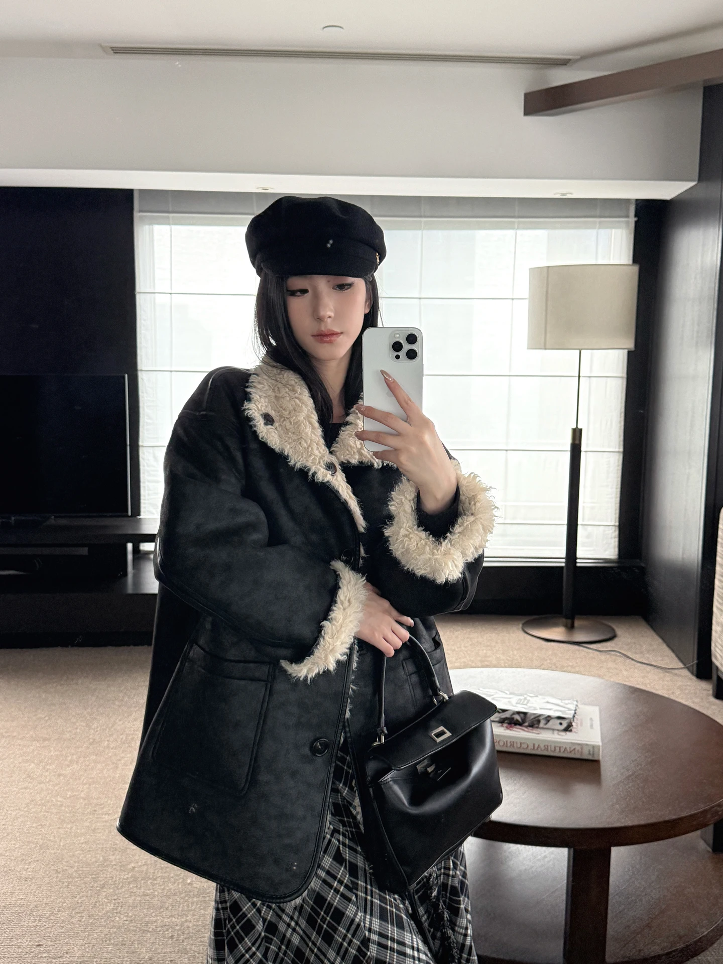 Jaqueta Feminina SMBL RAIN de Couro PU Engrossado, Reversível, Comprimento Médio, Casaco de Inverno Preto com Pelo Sintético