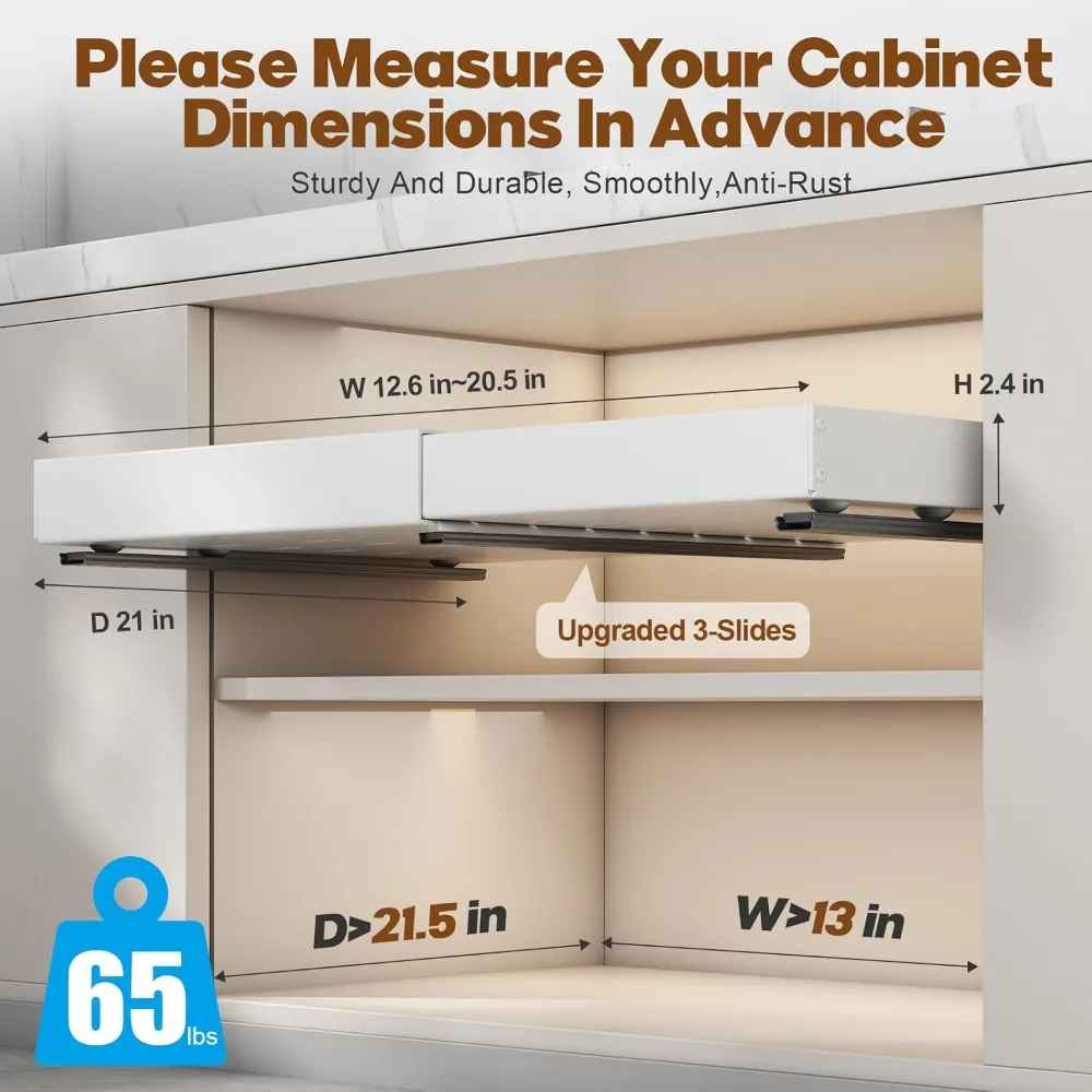 منظم خزانة قابل للسحب بعمق 21 بوصة، أدراج قابلة للتوسيع (12.6 بوصة - 20.5 بوصة) للخزائن الثابتة مع طبقة نانو لاصقة، ro