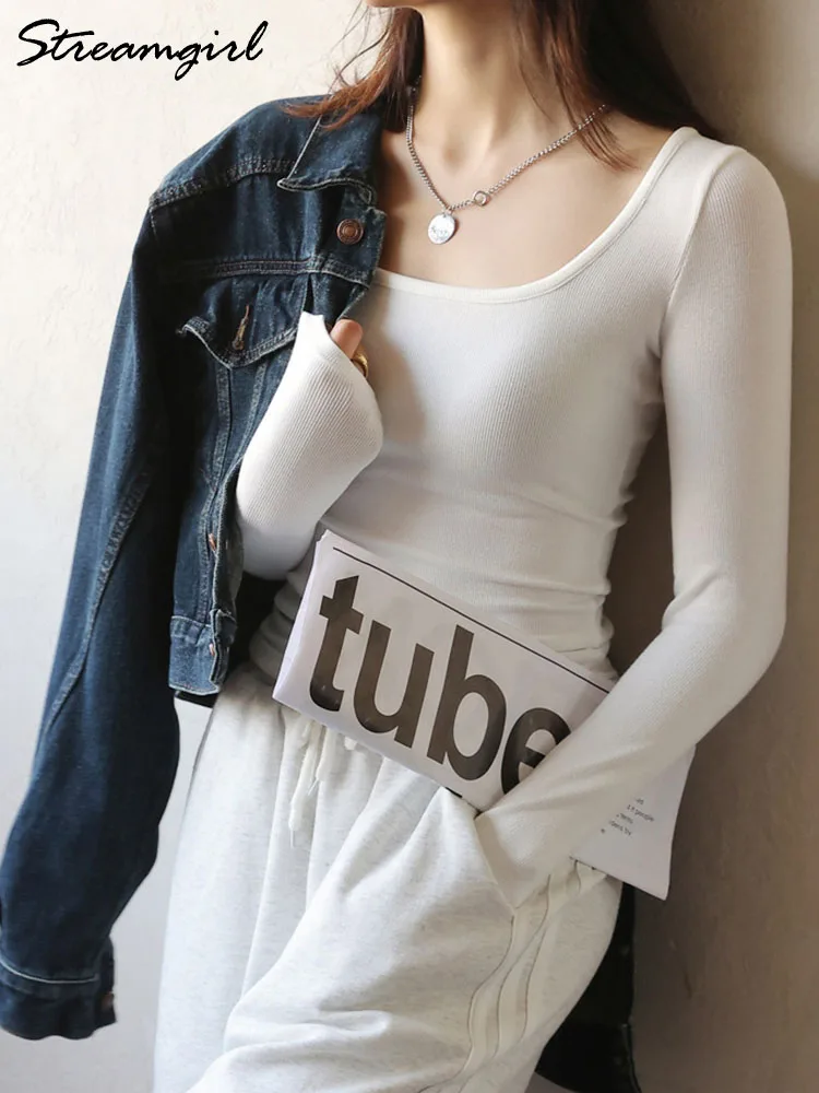 Basic Long Sleeve T-shirt Women Elastic Solid Slim Fit Casual Top Tees Spring Big Neck Tshirt For Eomen Pullovers Coffee 2025