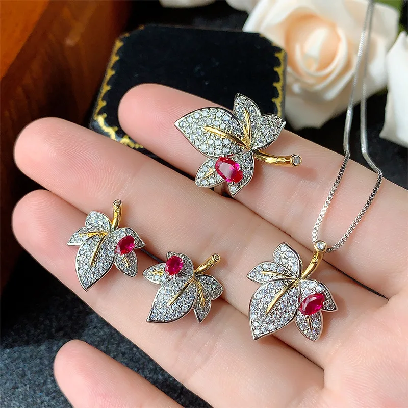 

New Jewelry Set Decorative Maple Leaf Design Earrings S925 Silver Needle Necklace Ring Fashion Commuter Women's Style