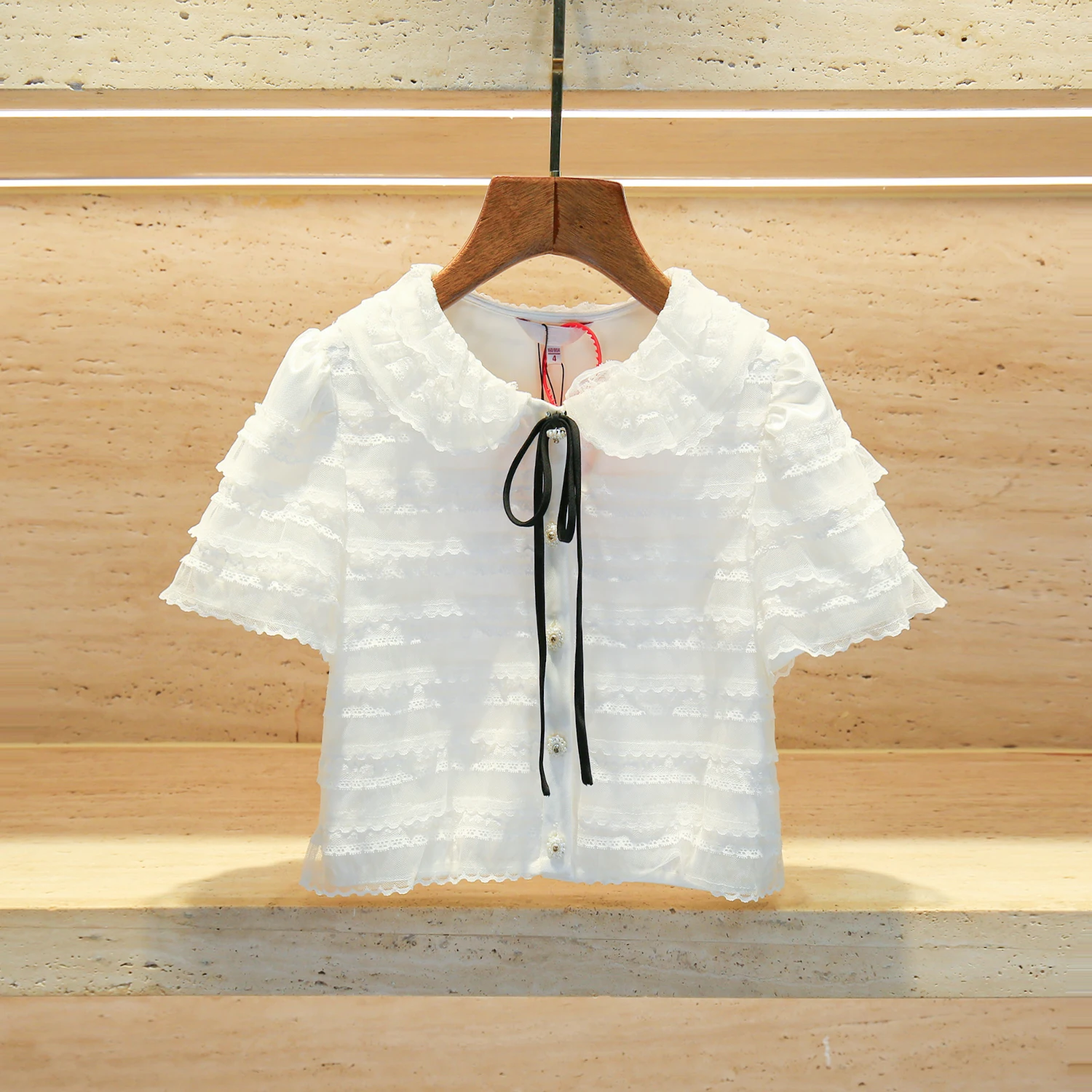 

Милая кружевная блузка с кукольным воротником, летняя модная женская блузка высокого класса с узлом и подолом от Nan You China