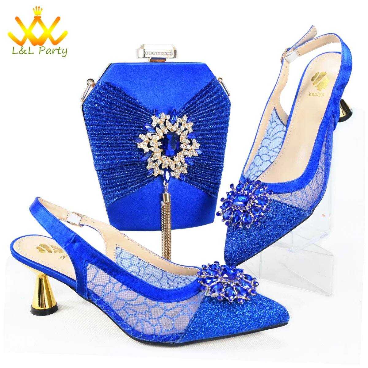 New Arrival Matching Shoes and Bag in Royal Blue Color Comfortable Think Heels Design with Crystal for Wedding Dress