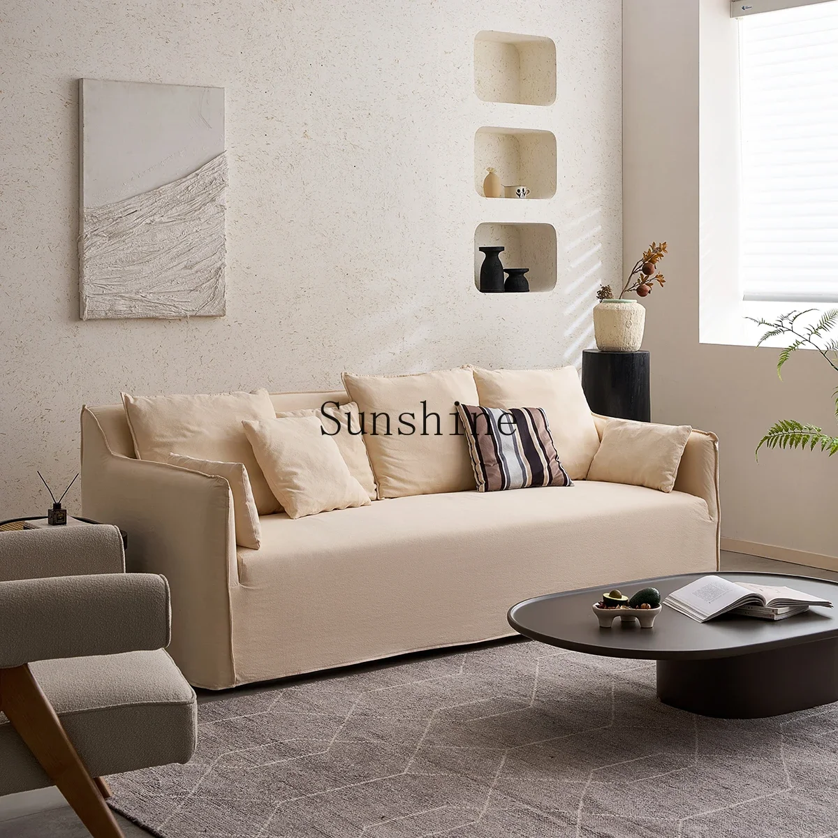 Fully disassembled and washed modern simple cream style three-person linen small apartment fabric sofa