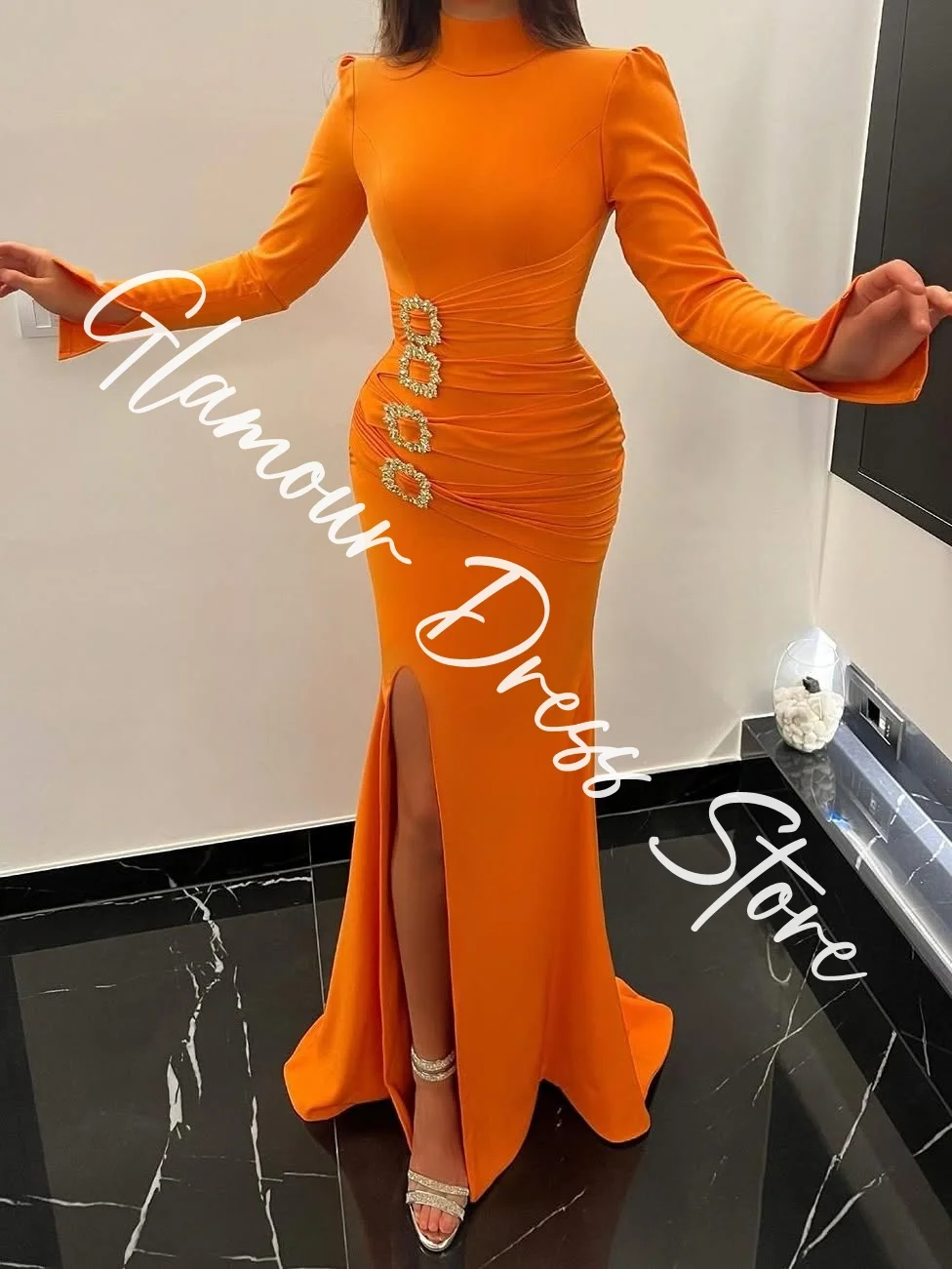 Customized Exquisite Jersey Straight Crystal Evening Dresses High Neckline Long Sleeves Panel Train Bespoke Occasion G