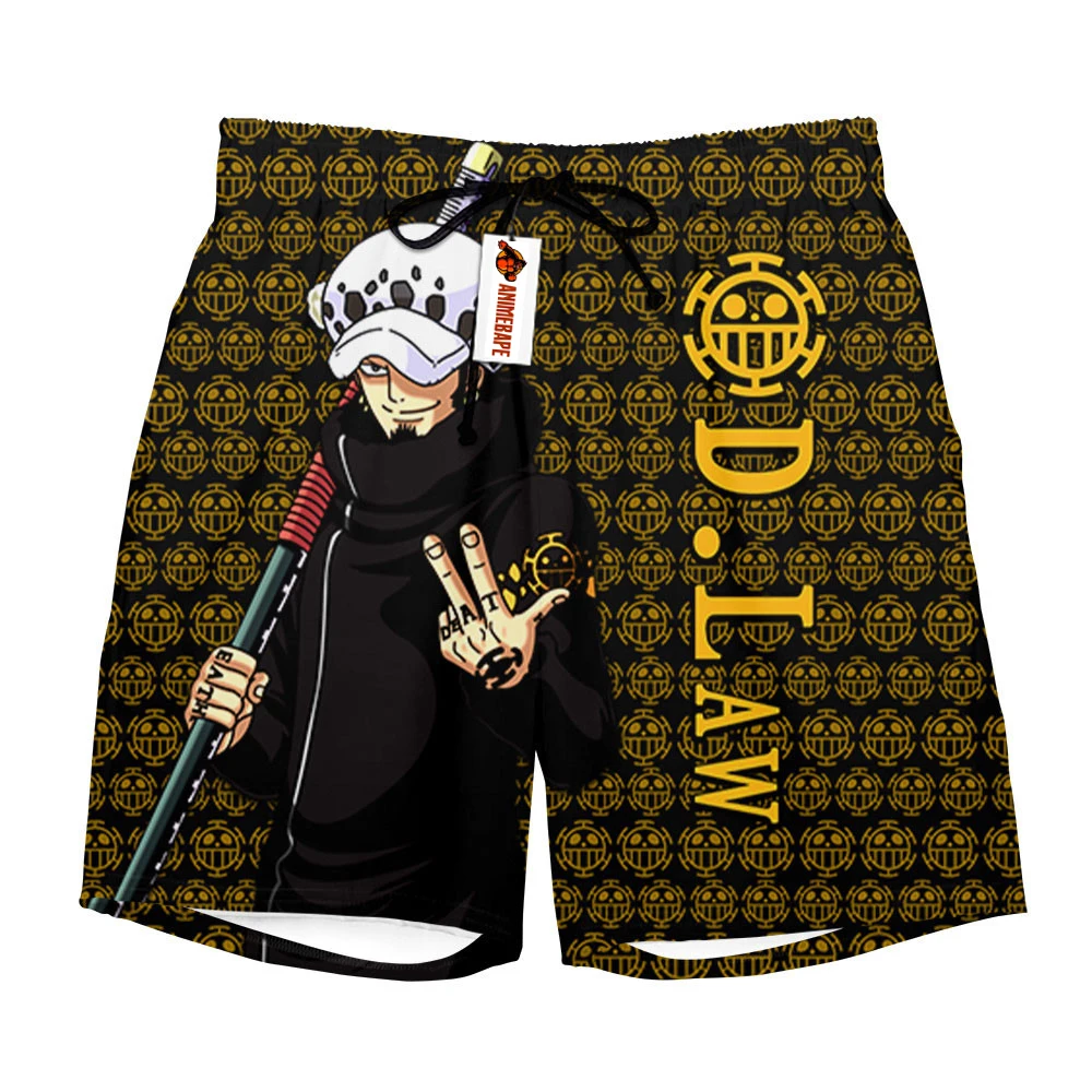 

2026 One Piece Trafalgar D. Water Law Print Quick Dry Shorts Men Anime Heart Pirates Logo Casual Breathable Sports Beach Shorts