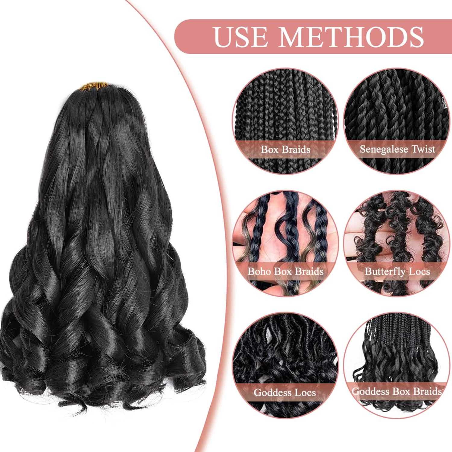 Rambut Kepang Keriting Perancis 12/16/24 Inci Longgar Bergelombang 1-7 Bungkus # 1B Ekstensi Rambut Kepang Melenting Hitam Keriting Perancis Sintetis