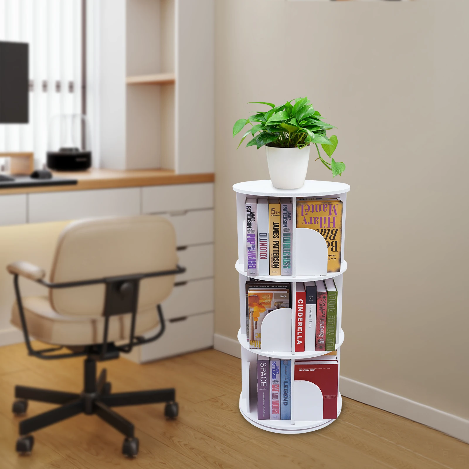 

3-Layer 360 ° Rotating Stackable Bookshelf PVC Desktop Bookshelf Counter Bedroom Living Room Storage Rack