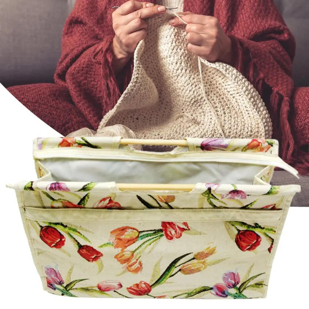 Flower Print Yarn Storage Bag Foldable Knitting Tote Bag Wood Handle Sewing Kit Zipper Bag Yarn Bag Sewing Tools Organizer