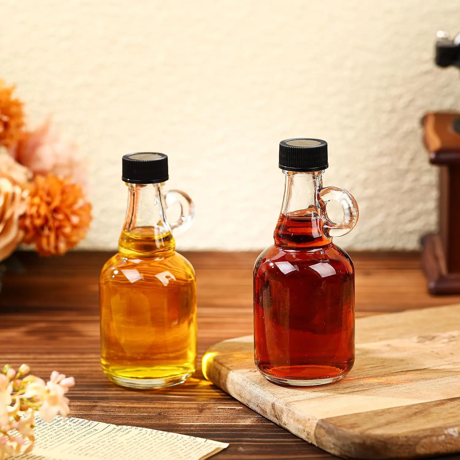 12pcs 8.5 oz Glass Syrup Bottles with Handle and Black Lids,Mini Maple Syrup Bottles for Wedding Favors Gifts,Honey,Coffee,Juice