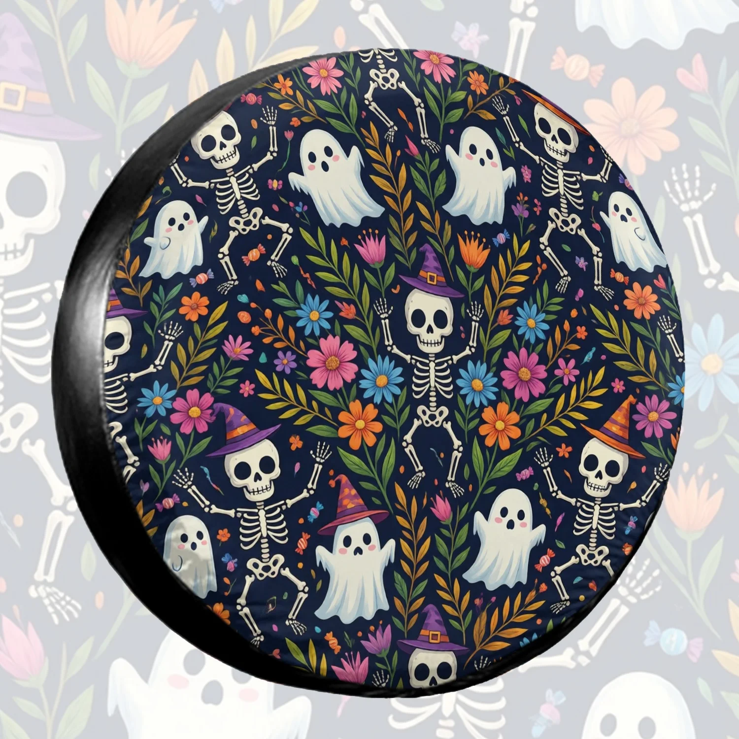 Floral Skeleton Ghost Spare Tire Cover Weatherproof Dustproof Wheel Protector for SUV Truck