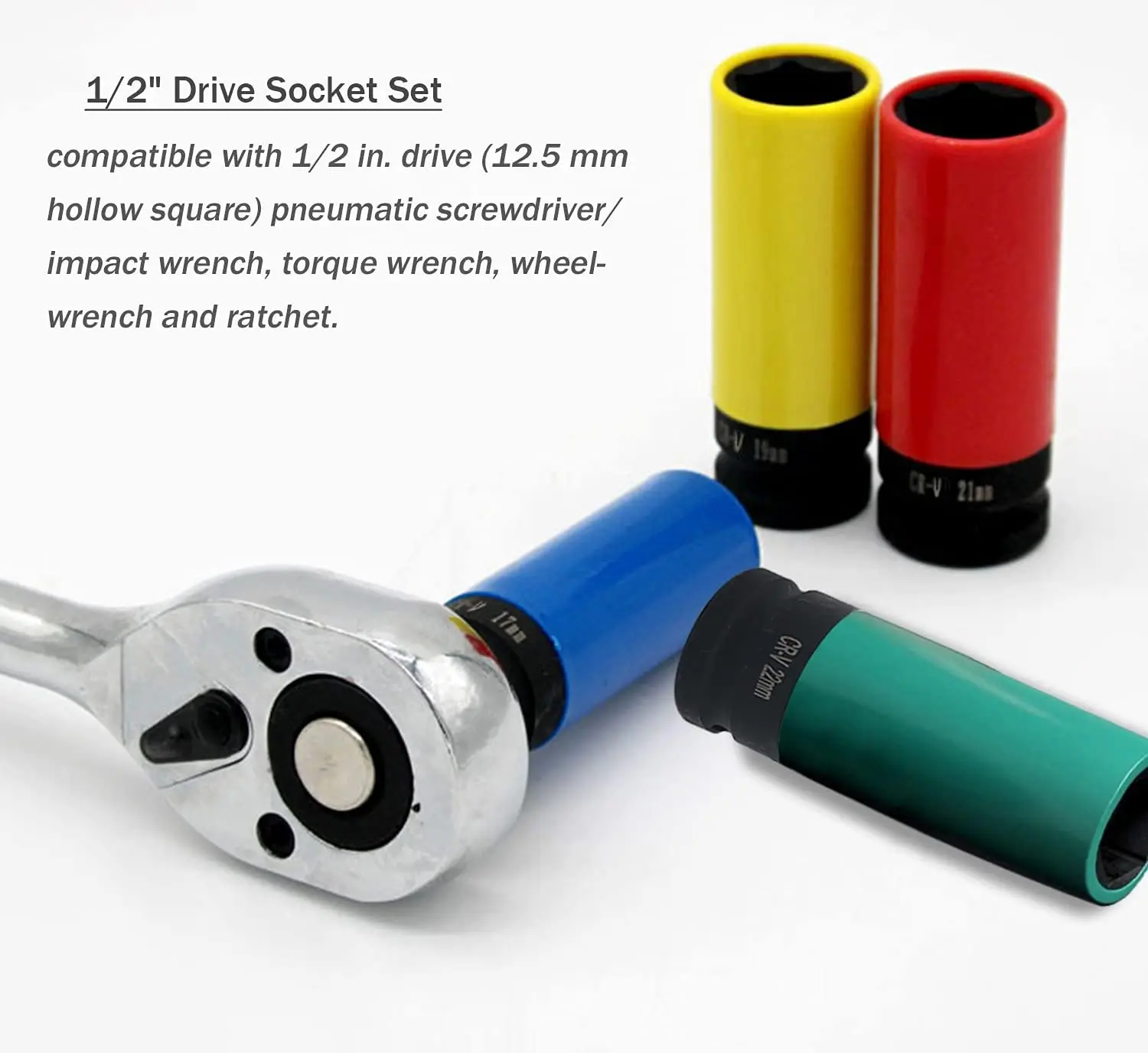 1/2 Inch Drive Wheel Protector Impact Socket Thin Wall Deep Impact Socket Set Plastic Sleeve Lug Nut 17mm, 19mm, 21mm, 22mm