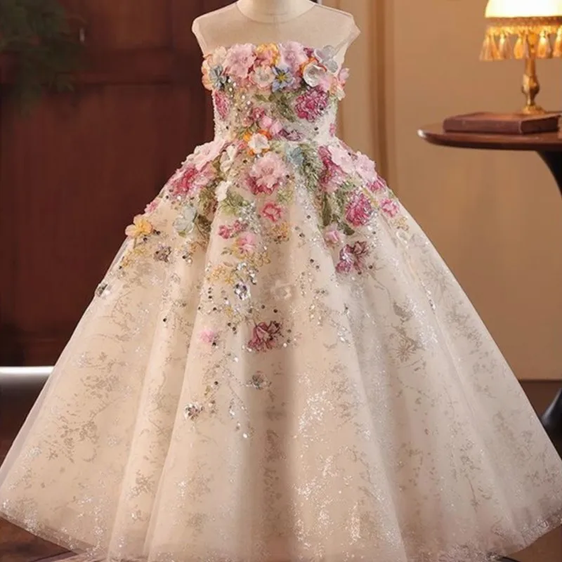 2026 Girls' Breathable Evening Dress Children's Birthday Lace Performance Dress Kids' Sleeveless Wedding Princess Dress LJ673