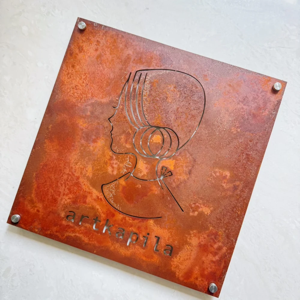 Modern Corten Steel Studio Door Sign Customizable Laser Cut Logo Text & Numbers Waterproof Outdoor Plaque with Mounting Screws