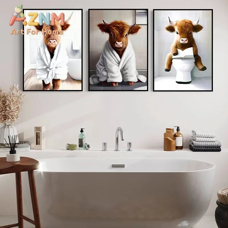Funny Animal Highland Cow Capybara BathroomToilet Baby Cow on Toilet with Phone Canvas Painting Print For Bathroom Home Decor