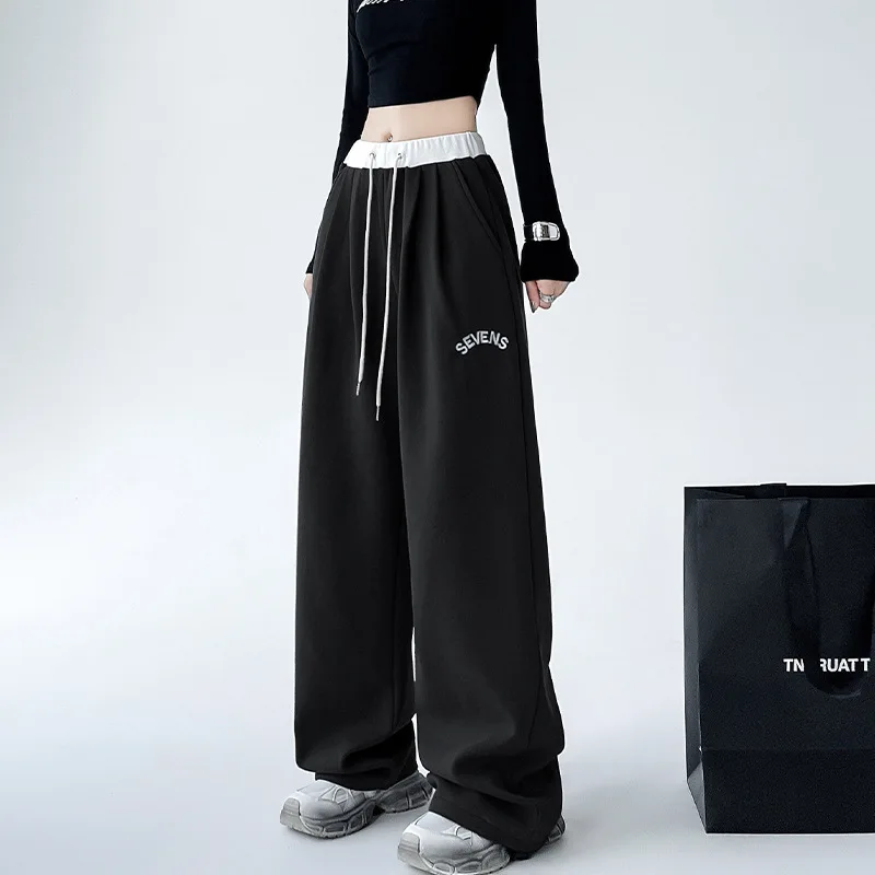 Calças de perna larga cinza das mulheres verão de secagem rápida ajuste relaxado refinado doce juventude romântico férias calças macias highstreet harajuku