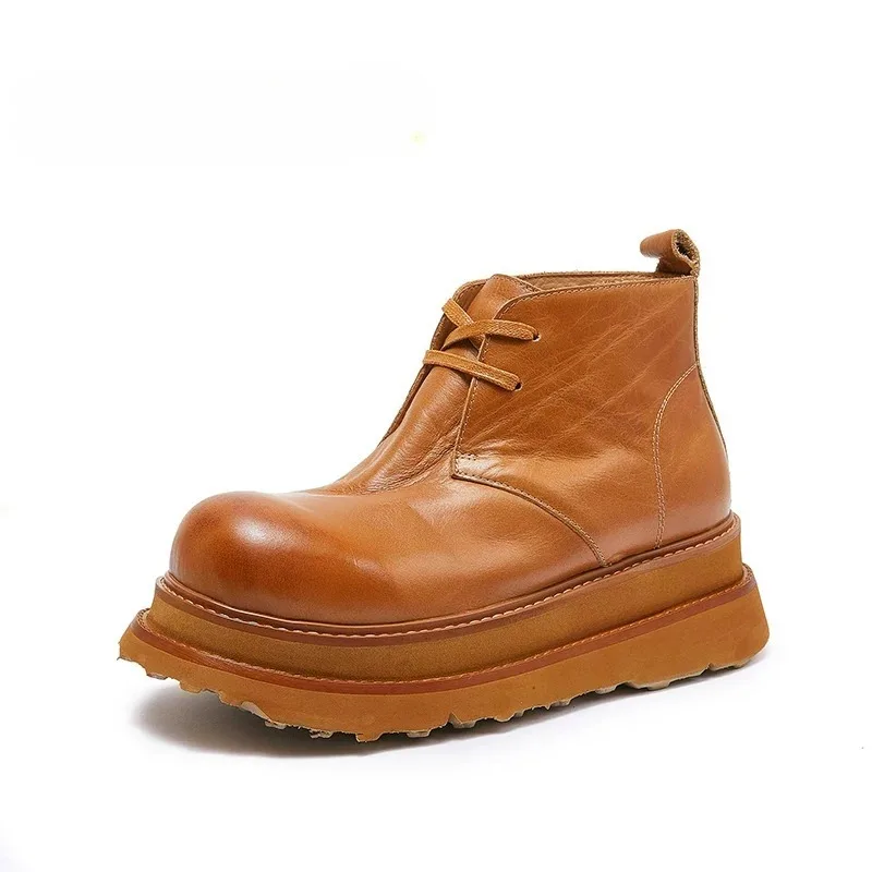 Autumn Winter Platform Boots Men's Genuine Leather Thick Sole Round Toe Casual Outdoor Work Chelsea Ankle Boots Male Snow Boots