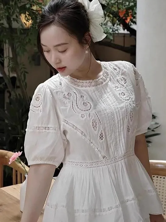 WMXZ Estate Nuovo rotondo Ne Donna Dolce E Piccante Sle Allentato Scava fuori Pizzo Ricamo ort Sve Bianco irt Casual Sle