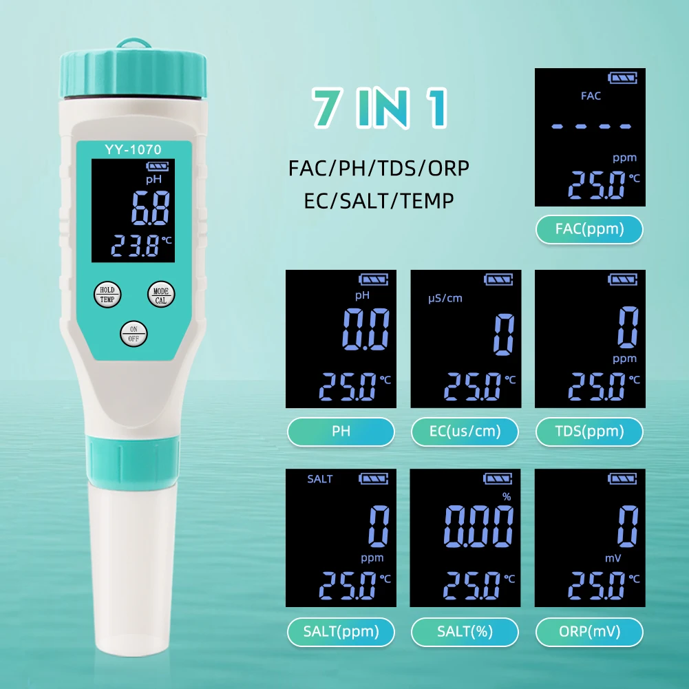 7 IN 1 Cl Temperature TDS ORP EC Salinity pH Meter Chlorine Testers for Pool Filter Aquariums Water Quality PH Tester